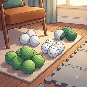Close-up illustration of foam and plastic practice golf balls, representing quiet apartment golf practice solutions.