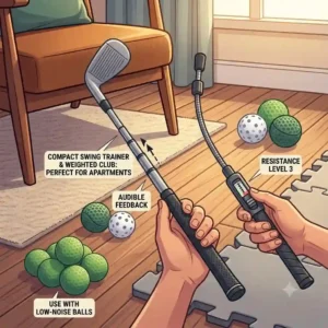 Illustration of a golfer using a shortened, weighted swing trainer club, highlighting non-ball apartment golf practice solutions.