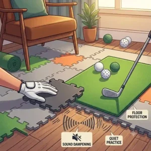 Illustration of interlocking foam tiles and soundproofing mats designed to support other apartment golf practice solutions.