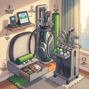A sleek, vertical organizer rack storing a golf bag, putting mat, and balls, showing effective apartment golf practice solutions.