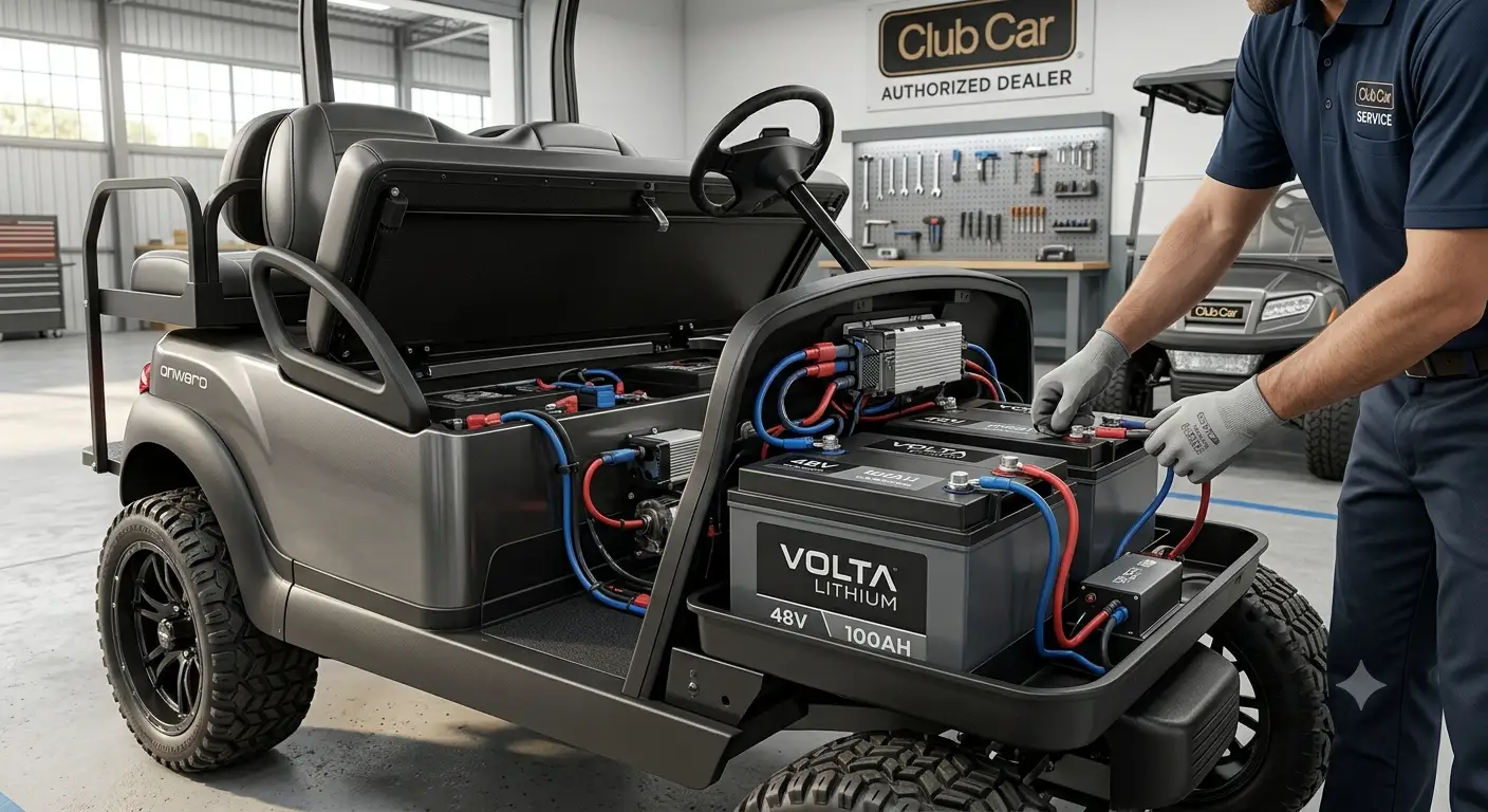 Custom Club Car golf cart fitted with an upgraded high-capacity lithium battery pack under the seat for improved acceleration and range
